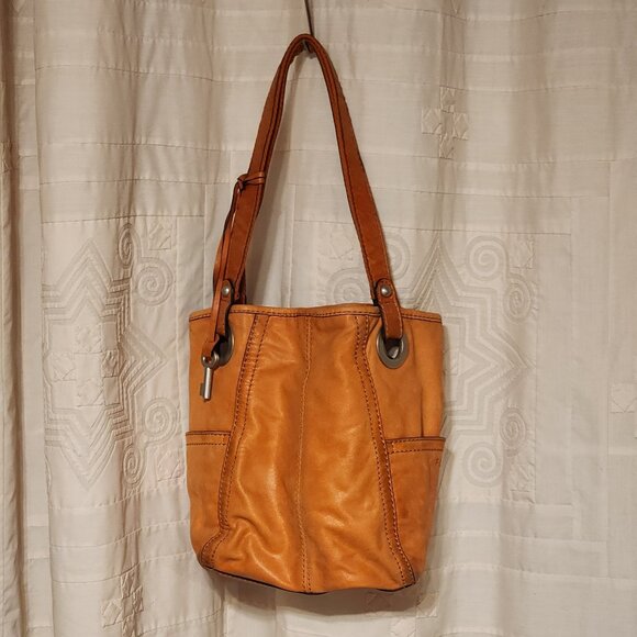 🍊 Fossil Leather Tote Bucket Bag Orange Tan Y2K Boho 🧡 - Picture 2 of 6